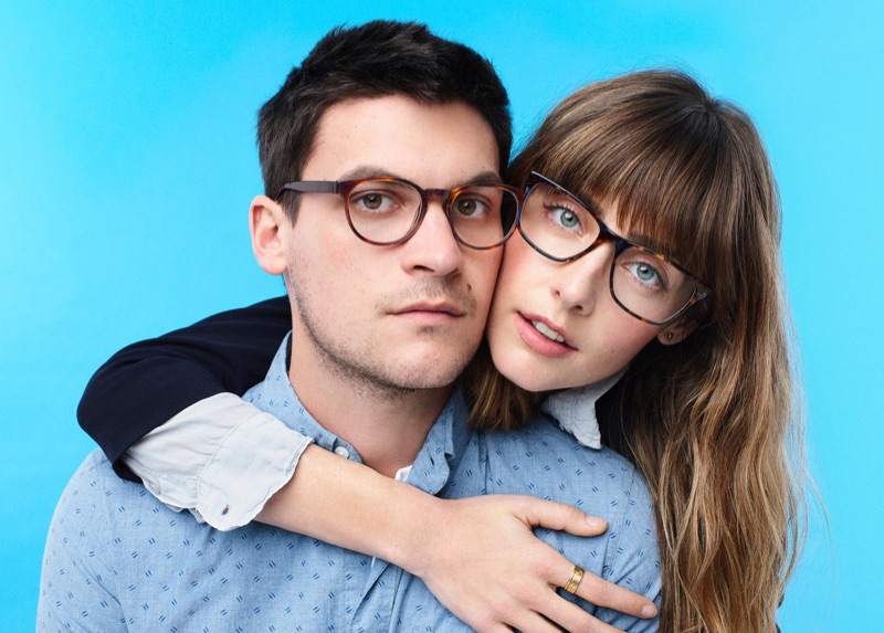Miles Garber poses with his girlfriend Julliete. Miles sports Warby Parker's Percey glasses, while Julliete dons the label's Yardley style.