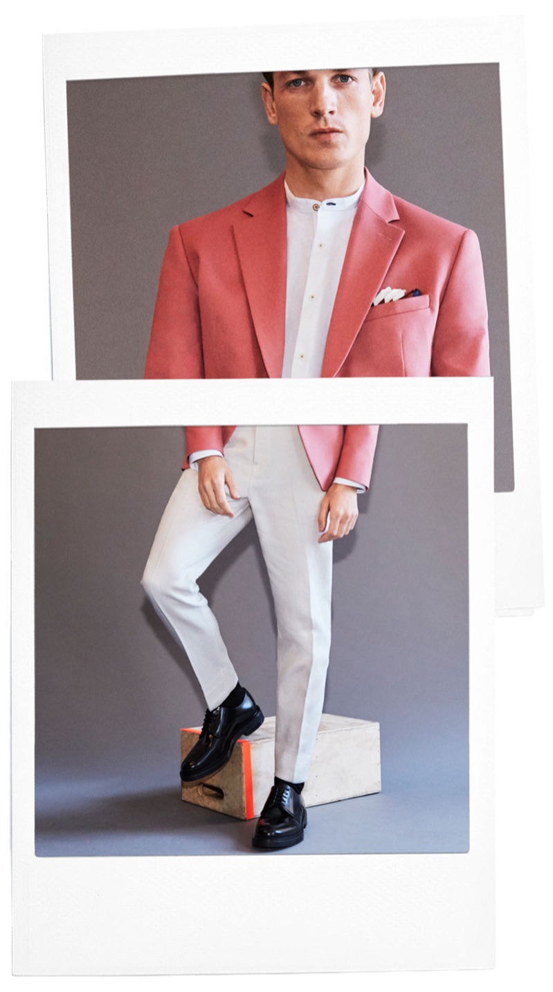 Embracing a coral tone, Hugo Sauzay models tailored separates from Zara Man.