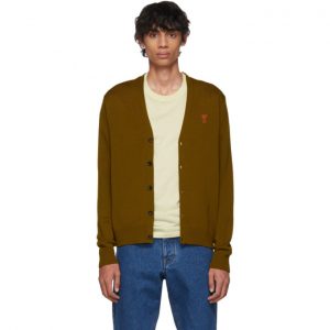 AMI Alexandre Mattiussi Tan Merino Wool Ami De Coeur Cardigan AMI Alexandre Mattiussi Tan Merino Wool Ami De Coeur Cardigan