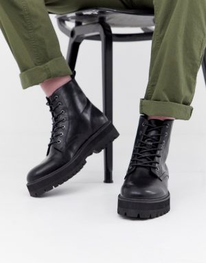 ASOS DESIGN black lace up boots in faux leather with raised chunky sole - Black ASOS DESIGN black lace up boots in faux leather with raised chunky sole - Black