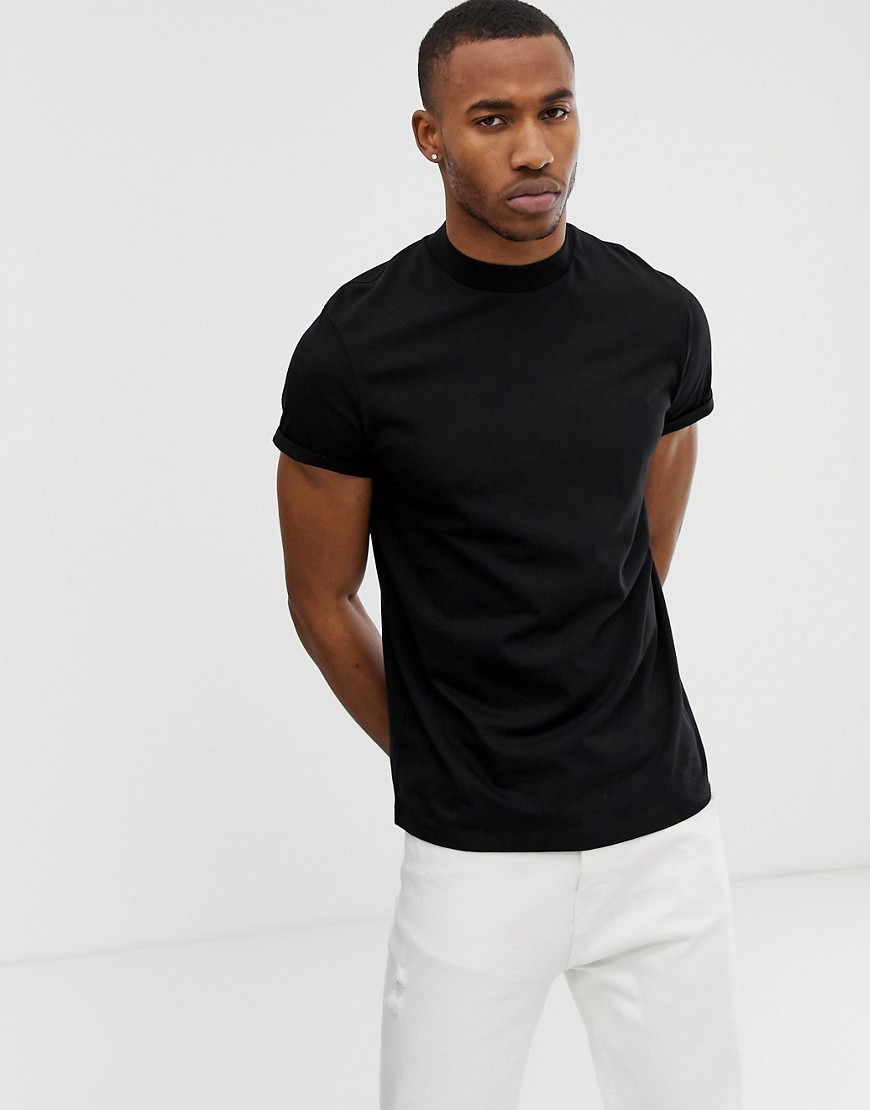 ASOS DESIGN short sleeve t-shirt with roll sleeve & turtleneck in black ...