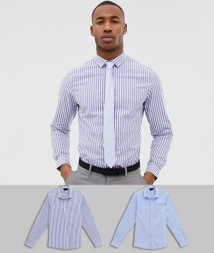 ASOS DESIGN skinny stripe shirt and blue skinny shirt pack save - Multi ASOS DESIGN skinny stripe shirt and blue skinny shirt pack save - Multi