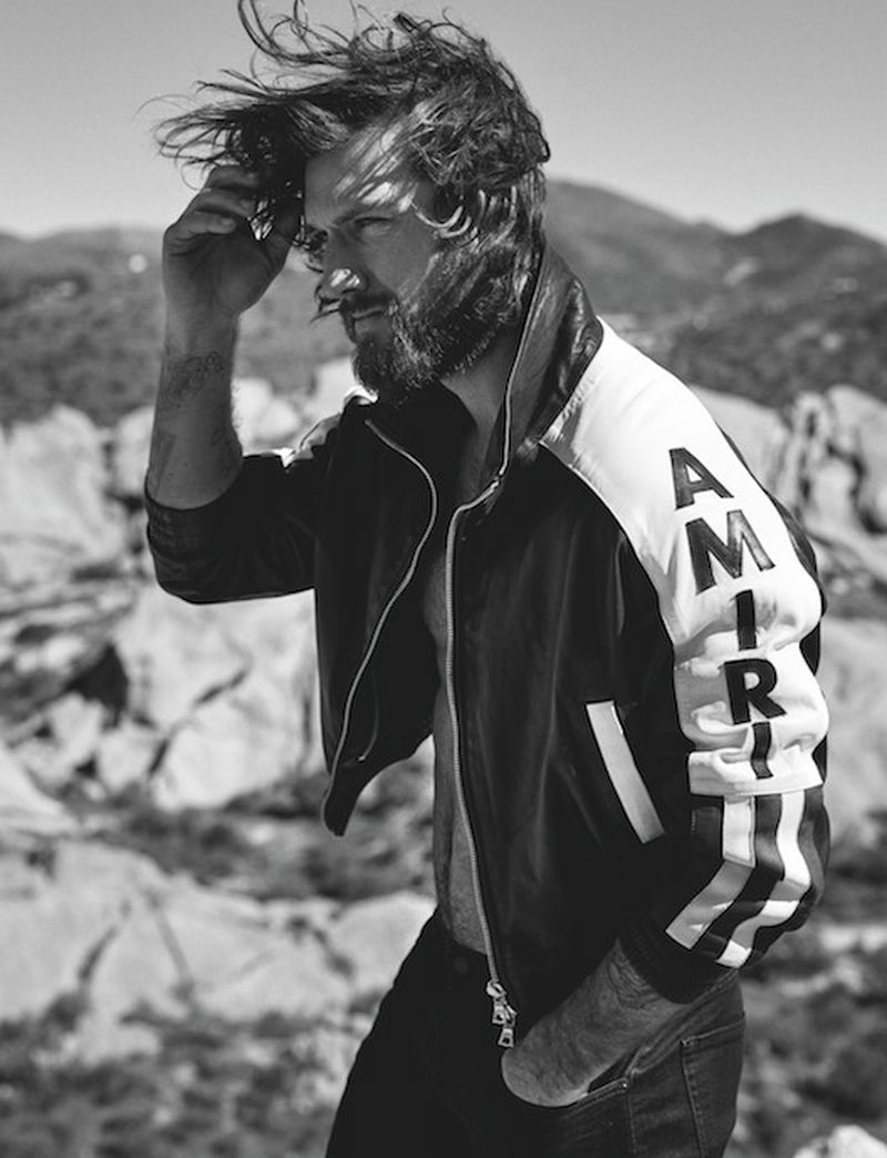 Rocking an AMIRI jacket, Alex Pettyfer appears in a new photo shoot.