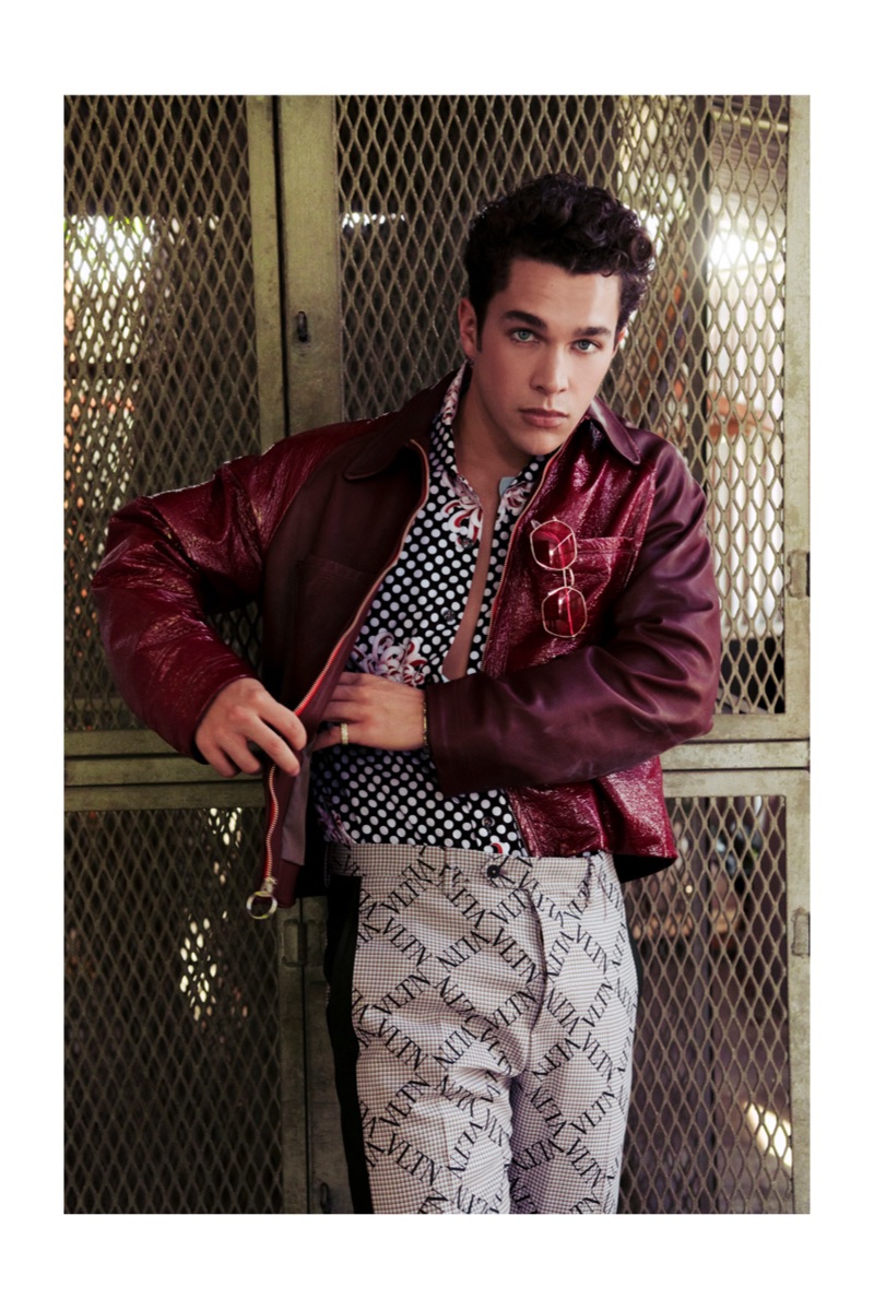 Connecting with Essential Homme, Austin Mahone wears a Kenzo shirt, Valentino trousers, and a Jetpack hom(m)e jacket.