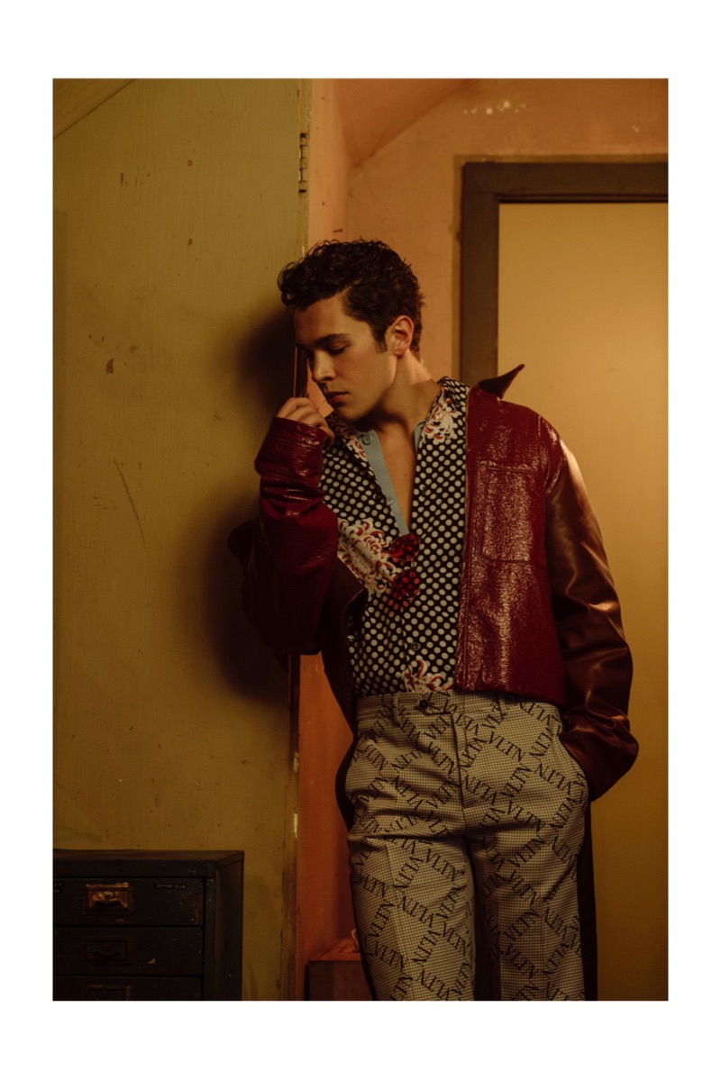 Starring in a new photo shoot, Austin Mahone wears a Kenzo shirt, Valentino trousers, and a Jetpack hom(m)e jacket.
