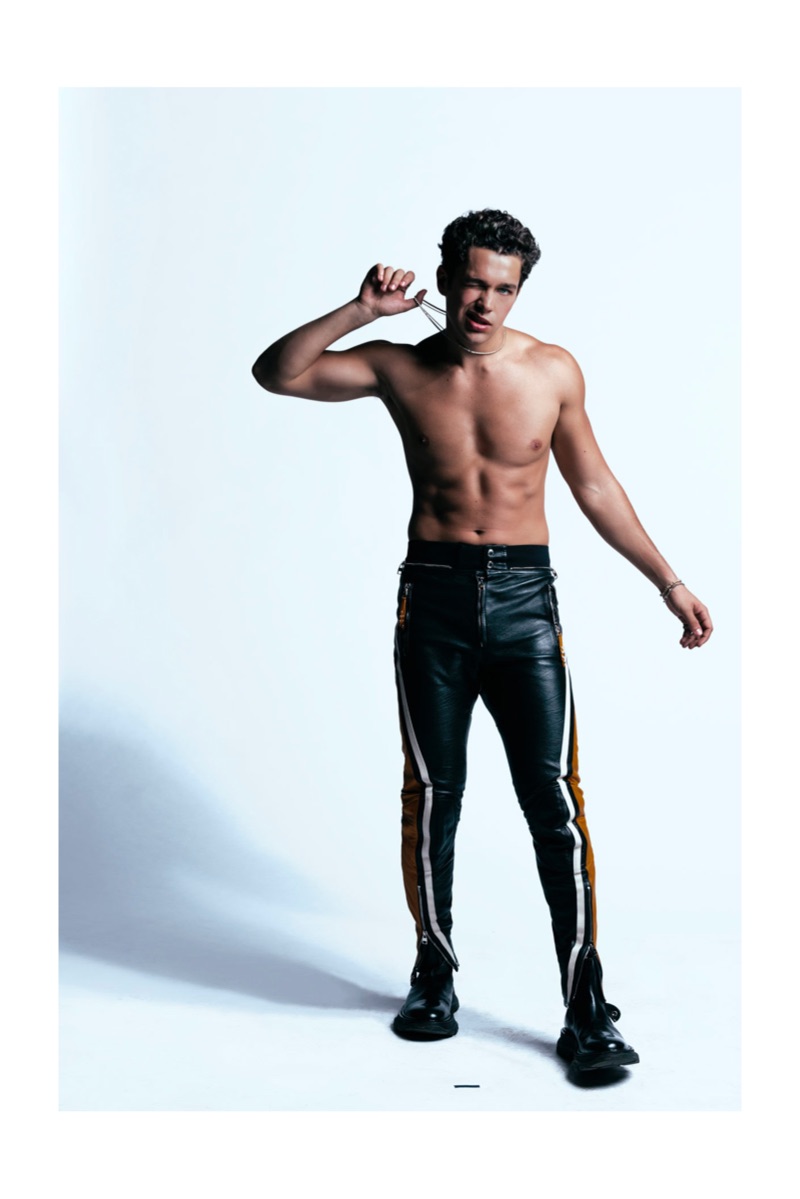 Singer Austin Mahone sports leather pants by Alexander McQueen.
