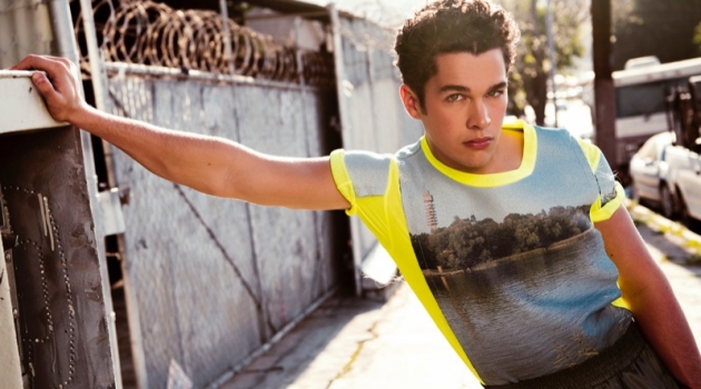 Austin Mahone Embraces Bold Style for Essential Homme Cover Shoot Sporting a photo print shirt by Acne Studios, Austin Mahone also wears 13 Bonaparte pants.