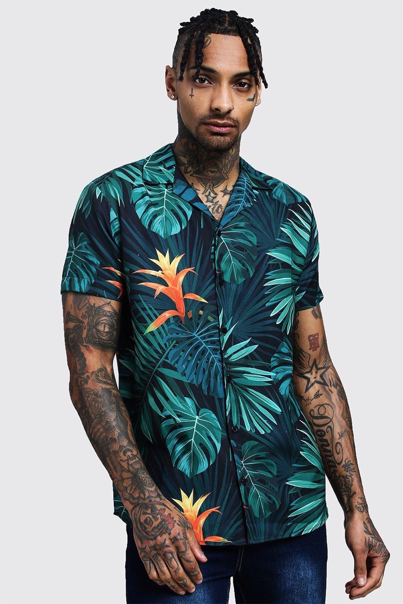 Boohooman Palm Print Short Sleeve Shirt $22.40 » 7 Casual Clothing Essentials for Men Boohooman Palm Print Short Sleeve Shirt $22.40
