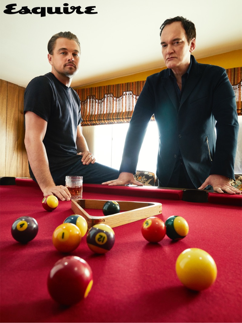 Leonardo DiCaprio dons a Jungmaven t-shirt and Outland Denim jeans. Quentin Tarantino sports a John Varvatos shirt and jacket with Dior Men trousers. 