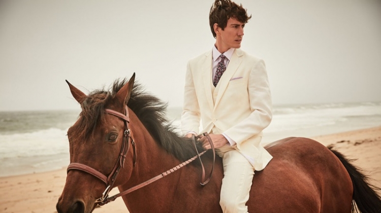 Riding a horse, Oriol Elcacho appears in Brooks Brothers' summer 2019 campaign.