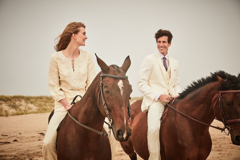 Hanna Verhees and Oriol Elcacho ride horses for Brooks Brothers' summer 2019 campaign.