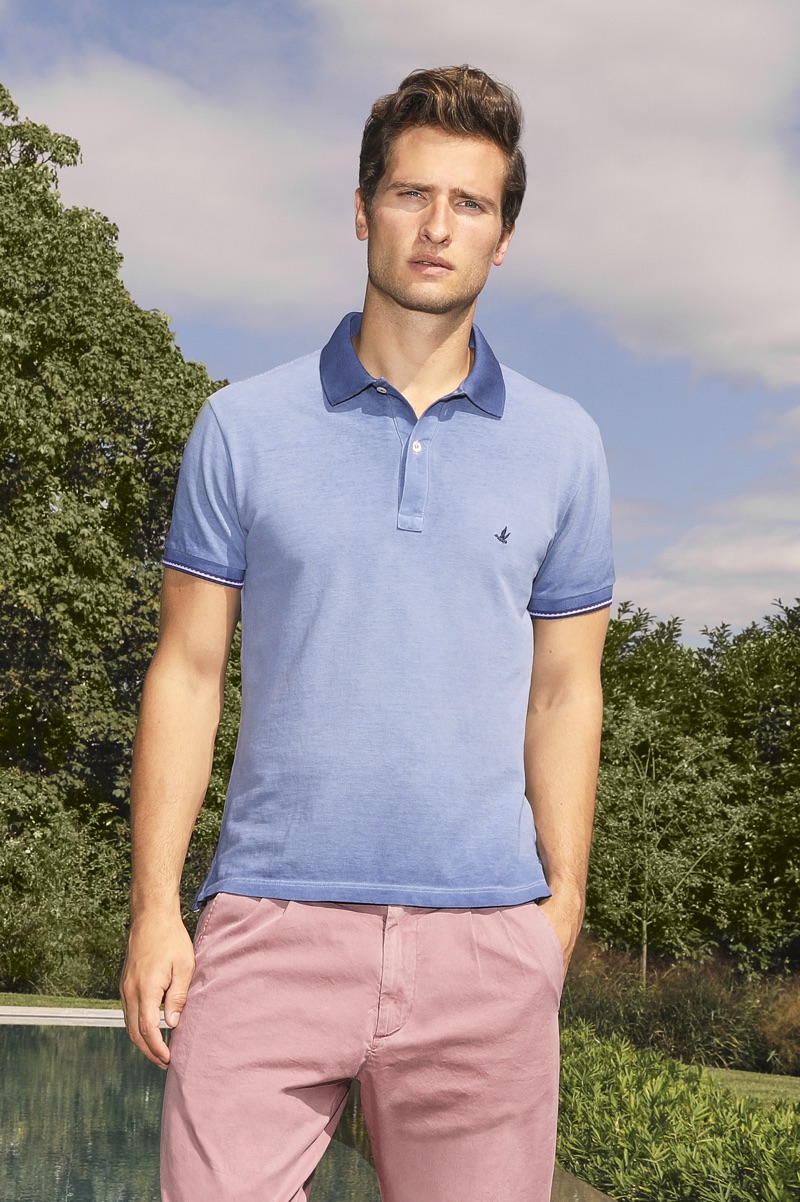 Sporting a polo and pants, Tom Warren connects with Brooksfield for spring-summer 2019.