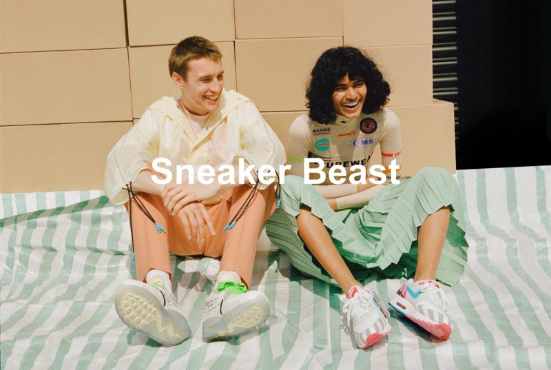 Browns enlists models Michael Sharp and Radhika Nair to star in its "Sneaker Beast" shoot. Pictured left, Michael wears a Jil Sander t-shirt, Sunnei jacket, Burberry trousers, and sneakers from Stadium Goods.