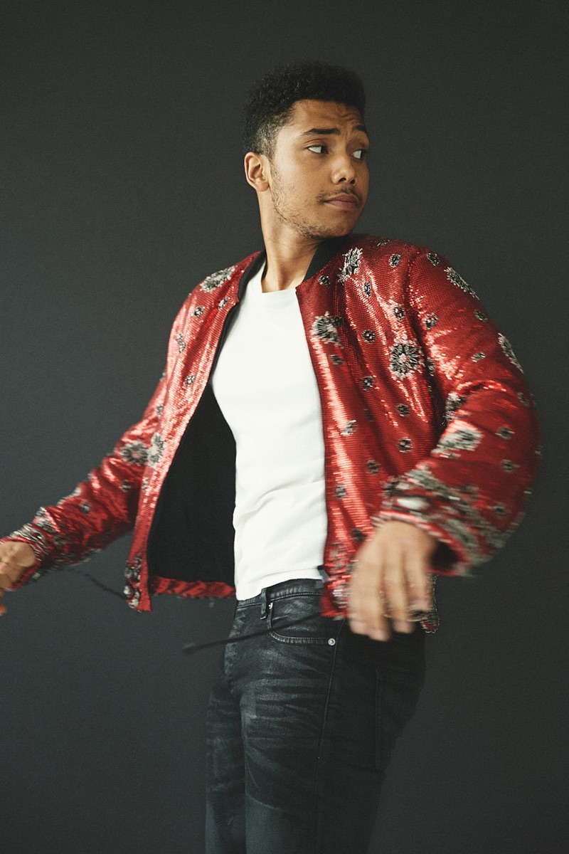 Taking to the studio, Chance Perdomo sports a shirt and sequined jacket by Saint Laurent with The Kooples jeans.