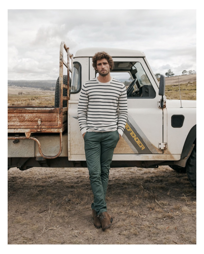 Sporting a striped sweater, Alex Libby wears Country Road.