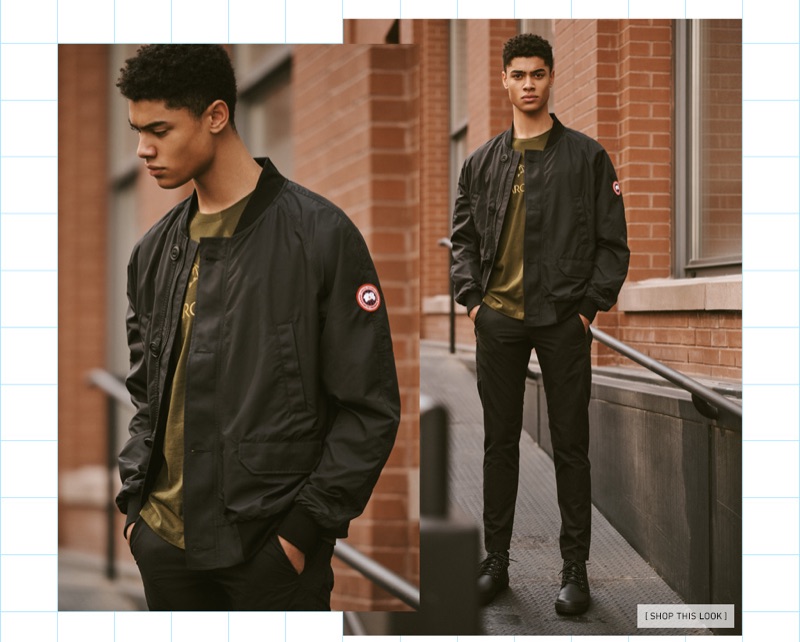 Désiré Mia rocks a Canada Goose bomber jacket and Tretorn booties with a tee and pants by Arc'Teryx. Photo: East Dane » 7 Casual Clothing Essentials for Men Désiré Mia rocks a Canada Goose bomber jacket and Tretorn booties with a tee and pants by Arc'Teryx. Photo: East Dane
