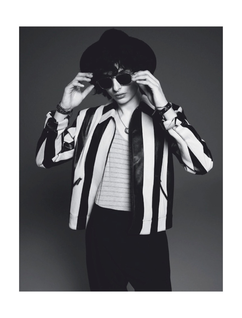 Embracing black and white style, Finn Wolfhard appears in Saint Laurent's fall-winter 2019 campaign.