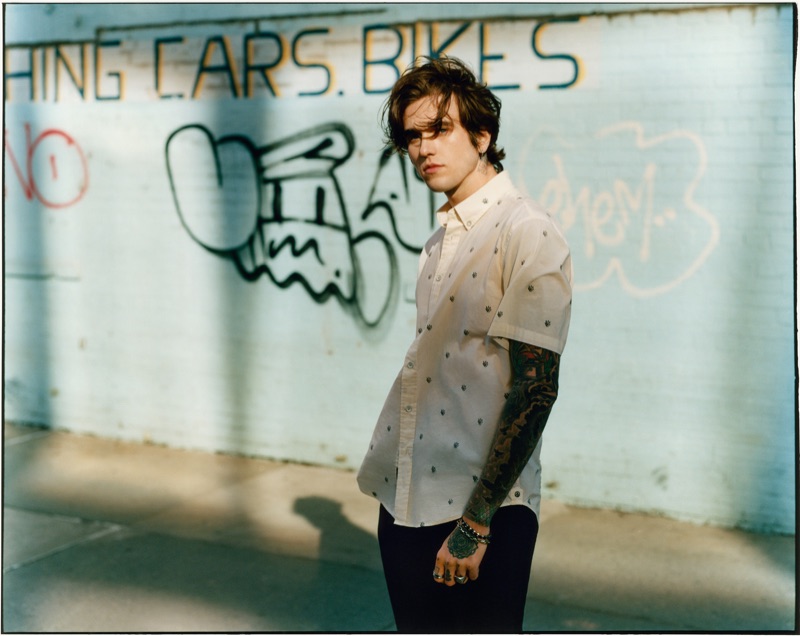 Taking to the streets, Gabriel-Kane Day-Lewis wears Rag & Bone's Tomlin shirt with navy pants.