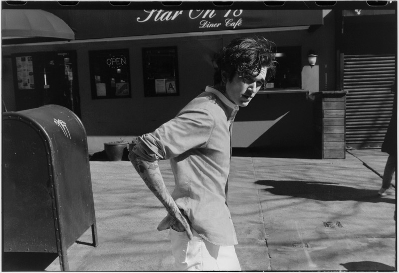 On the move, Gabriel-Kane Day-Lewis wears a Rag & Bone grandad shirt with white jeans.