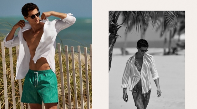 Sea Vibes: Garrett Neff Takes to the Beach for Pedro del Hierro A summer vision, Garrett Neff wears Pedro del Hierro.