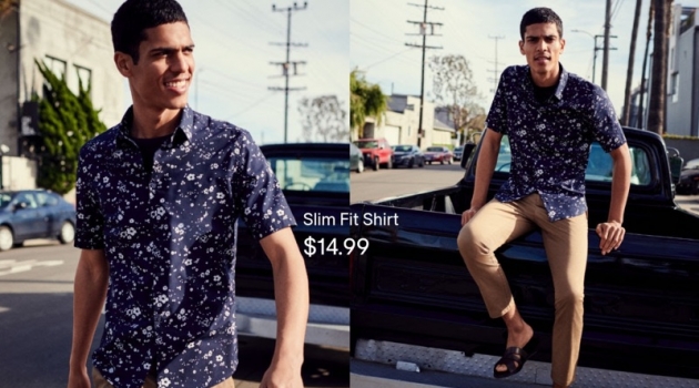 Tackling summer style, Geron McKinley wears a printed short-sleeve shirt with slim-fit pants.