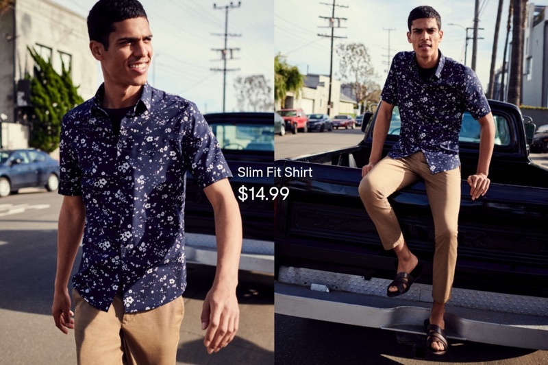 Tackling summer style, Geron McKinley wears a printed short-sleeve shirt with slim-fit pants.