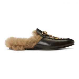 Gucci Black Wool-Lined Tiger Princetown Slippers Gucci Black Wool-Lined Tiger Princetown Slippers