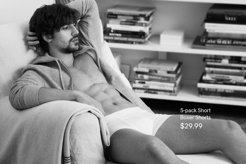 Ignacio Ondategui lounges in a pair of white H&M boxer shorts.