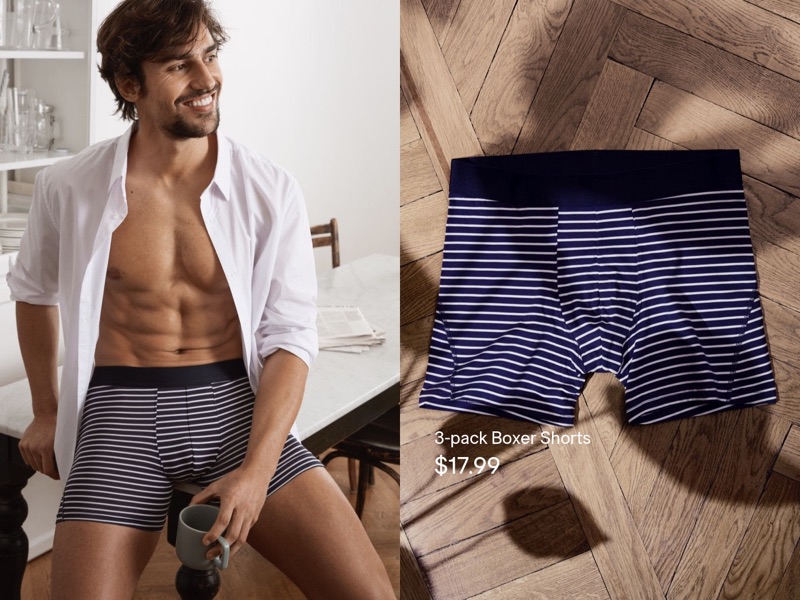 All smiles, Ignacio Ondategui sports striped H&M boxer shorts.