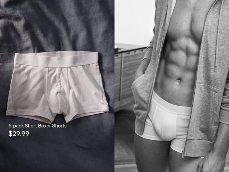 Model Ignacio Ondategui wears short white H&M boxer shorts.