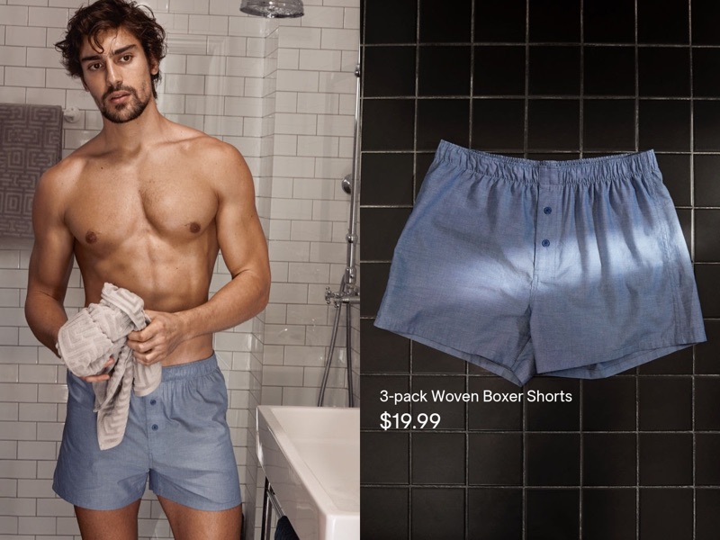 H&M enlists Ignacio Ondategui to model its blue woven boxer shorts.