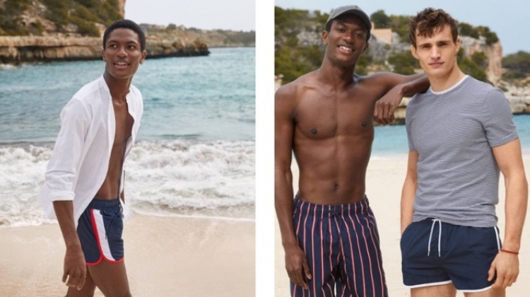 Models Hamid Onifade and Julian Schneyder sport swimwear from H&M.