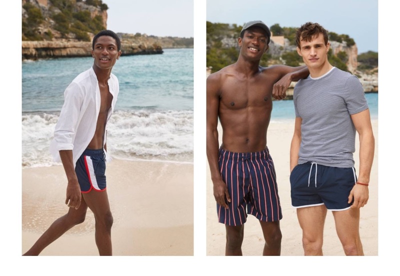 Models Hamid Onifade and Julian Schneyder sport swimwear from H&M.