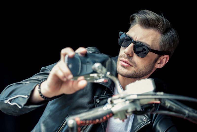 Handsome Man Leather Biker Jacket Sunglasses Motorcycle