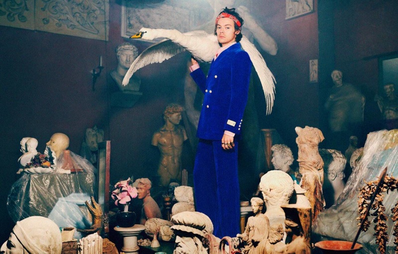 Sporting blue velvet, Harry Styles fronts Gucci's pre-fall 2019 tailoring campaign.