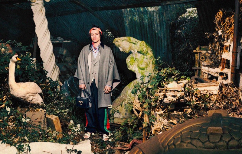 An eccentric vision, Harry Styles appears in Gucci's pre-fall 2019 tailoring campaign.