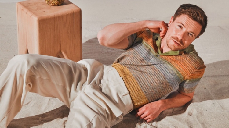 Actor Joe Dempsie dons a Missoni polo shirt with Dior Men trousers.