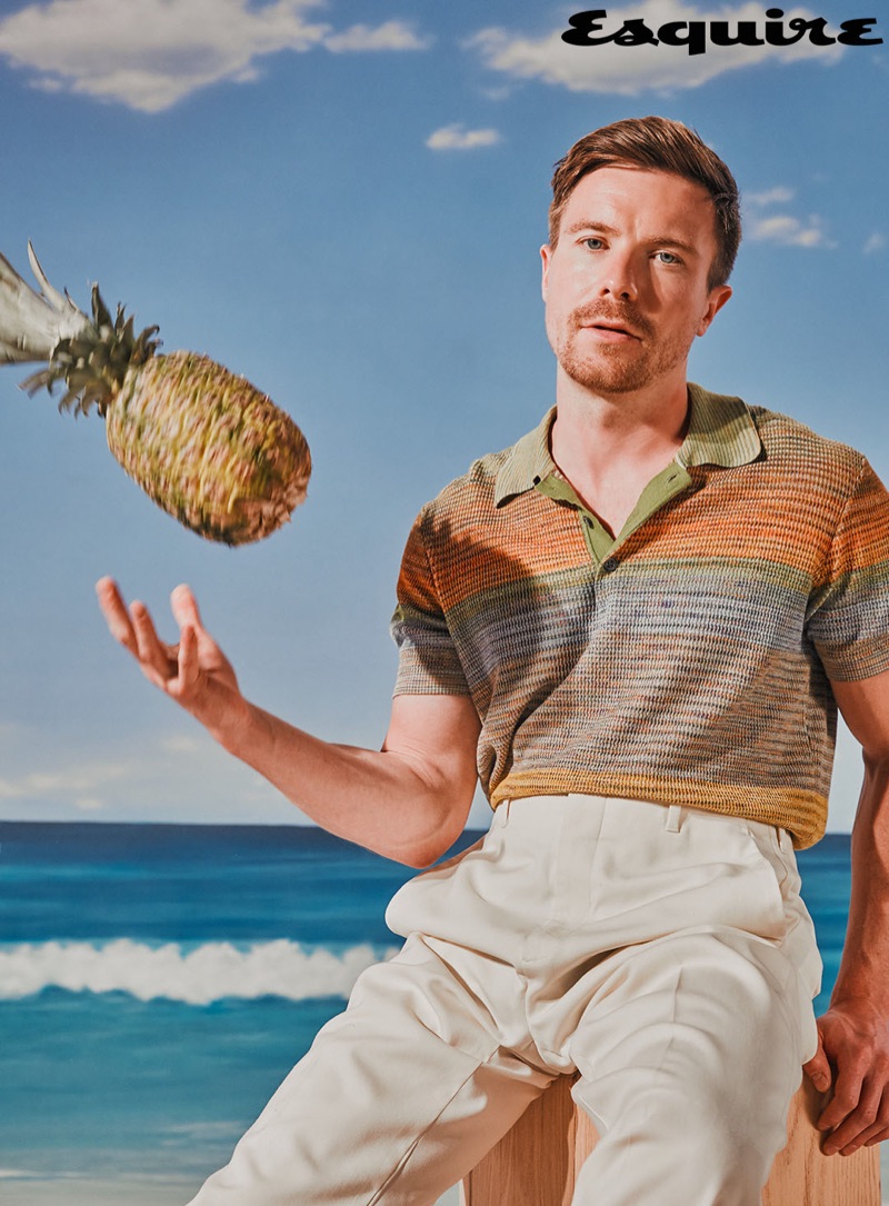 Joe Dempsie wears a Missoni polo shirt with Dior Men trousers.