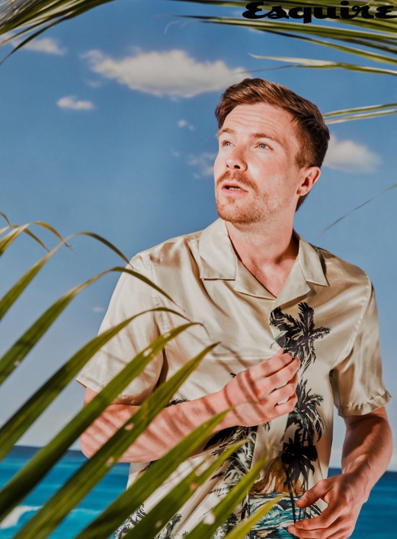 Connecting with Esquire, Joe Dempsie wears a shirt by The Kooples.