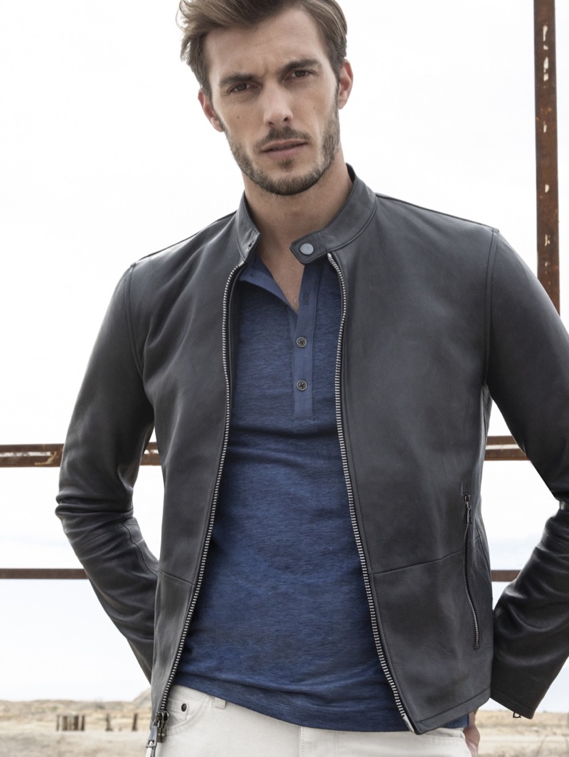 Wearing John Varvatos Collection, Federico Cola sports a leather moto jacket $1,898.