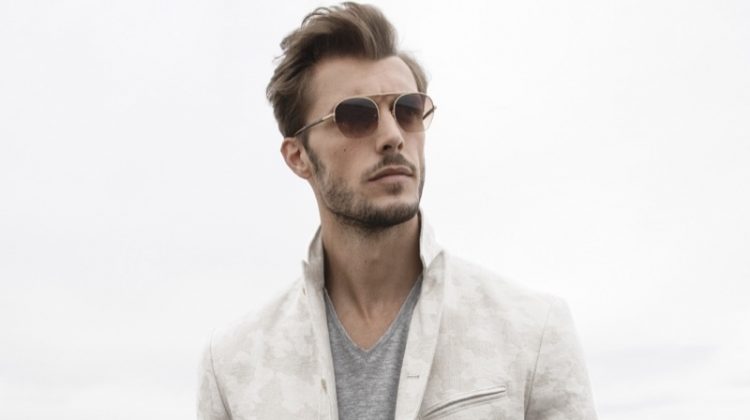A chic vision, Federico Cola dons a John Varvatos Collection camo jacquard jacket $1,298.