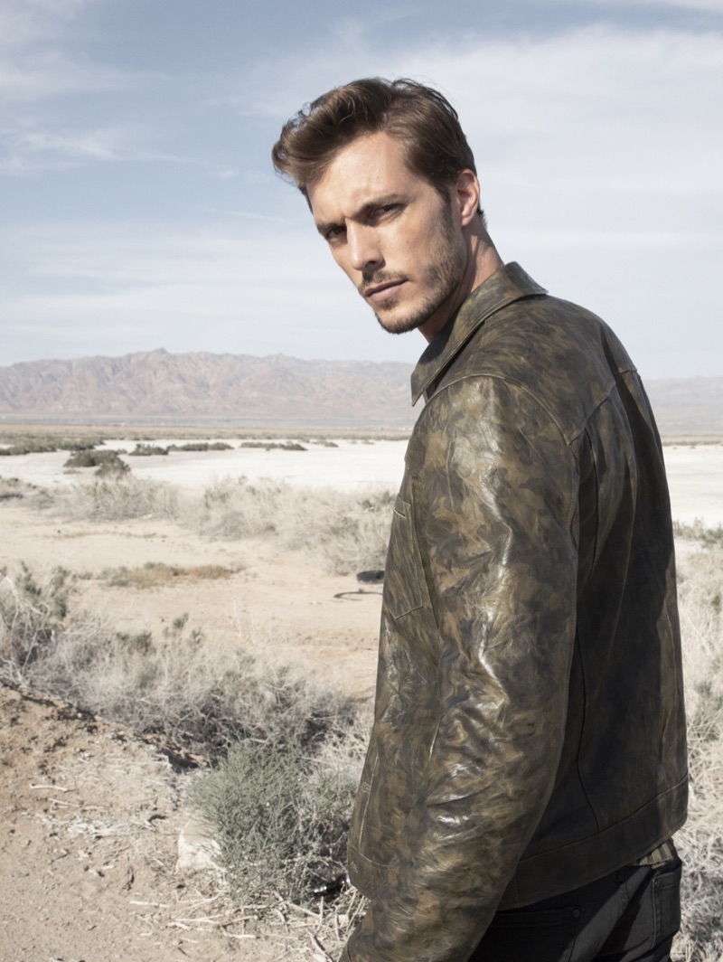 Federico Cola wears a camo leather jacket $2,298 by John Varvatos Collection. » Federico Cola Heads Into Summer with John Varvatos Federico Cola wears a camo leather jacket $2,298 by John Varvatos Collection.
