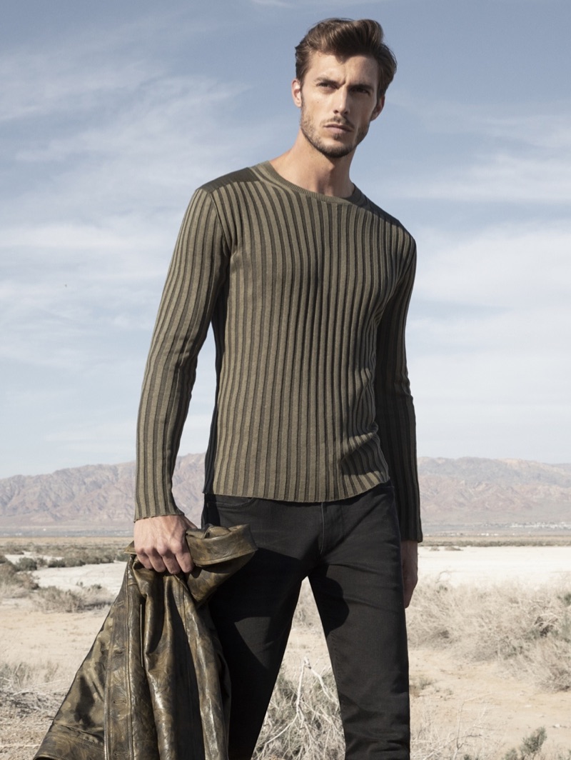Front and center, Federico Cola sports a ribbed crewneck sweater $348 from John Varvatos Collection.