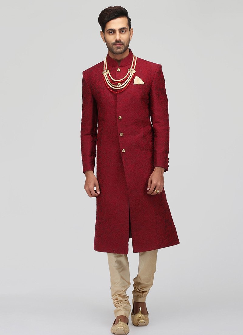 Red and Gold Embroidered Silk Sherwani