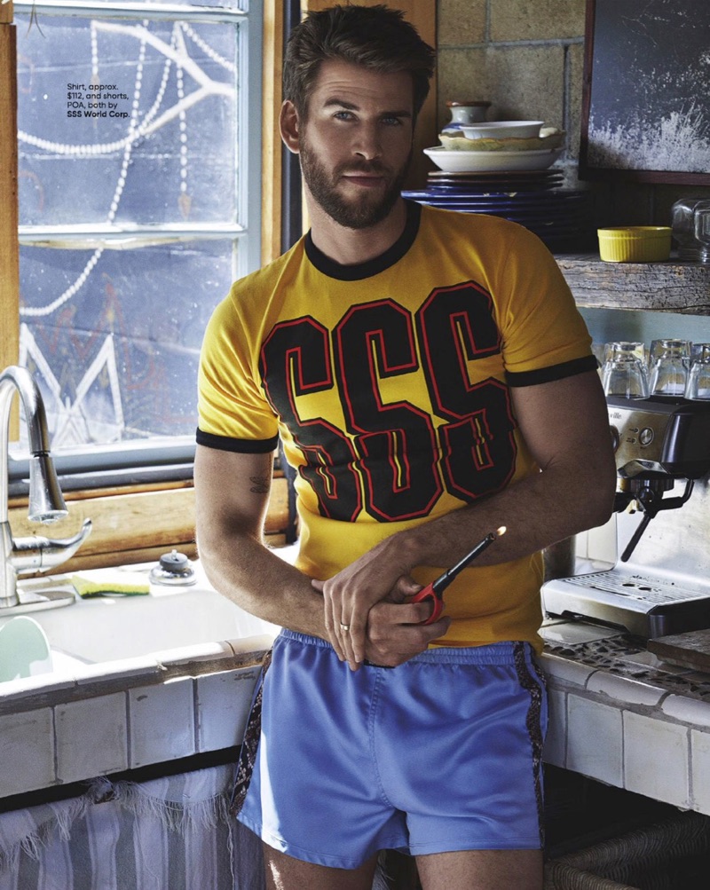 Embracing retro-inspired style, Liam Hemsworth sports a shirt and shorts by SSS World Corp.