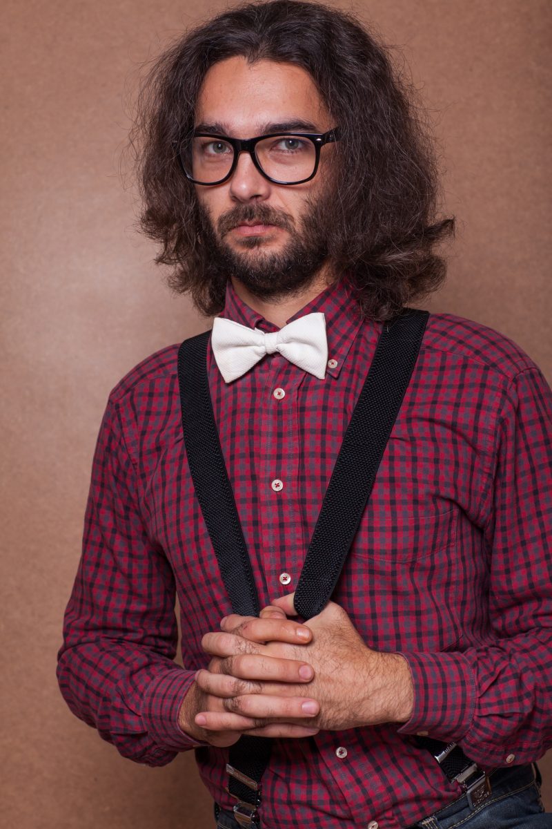 Male Model Hipster Glasses Plaid Shirt Suspenders Bow-Tie