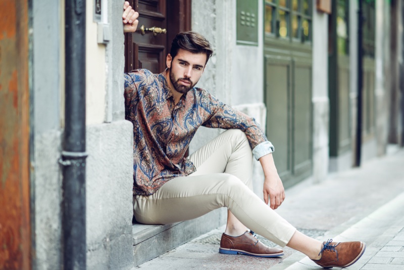 Male Model Paisley Shirt Stylish Outfit