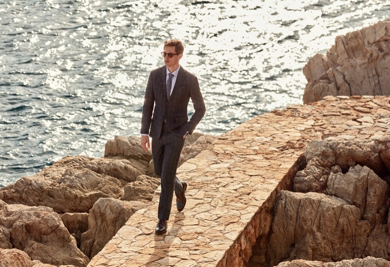 Mathias Lauridsen models a windowpane print suit from Mango.