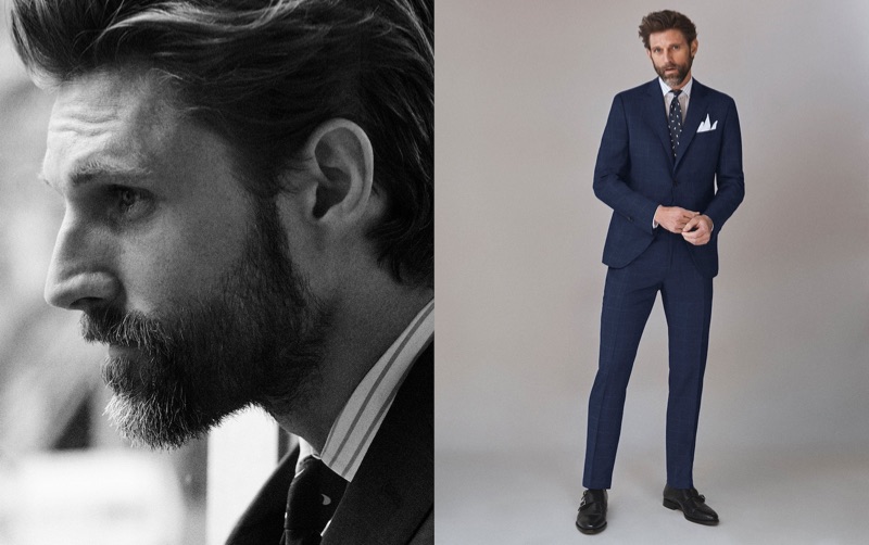 Taking to the studio, RJ Rogenski dons men's tailoring from Massimo Dutti.