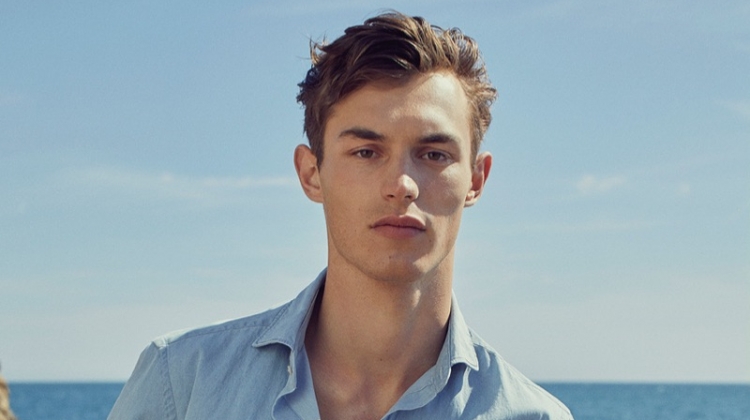 Front and center, Kit Butler appears in Massimo Dutti's summer 2019 campaign.